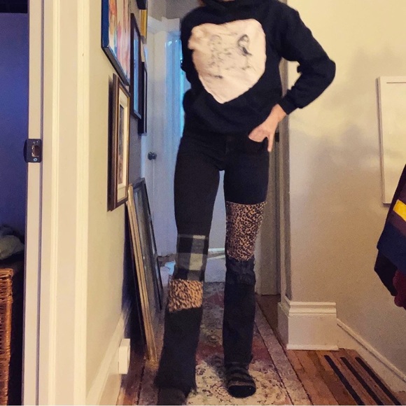 Bespoke patched mid-rise extra stretchy flare washed black denim - Picture 7 of 16